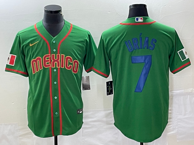 Men's Mexico Baseball #7 Julio Urías 2023 Green World Baseball With Patch Classic Stitched Jersey